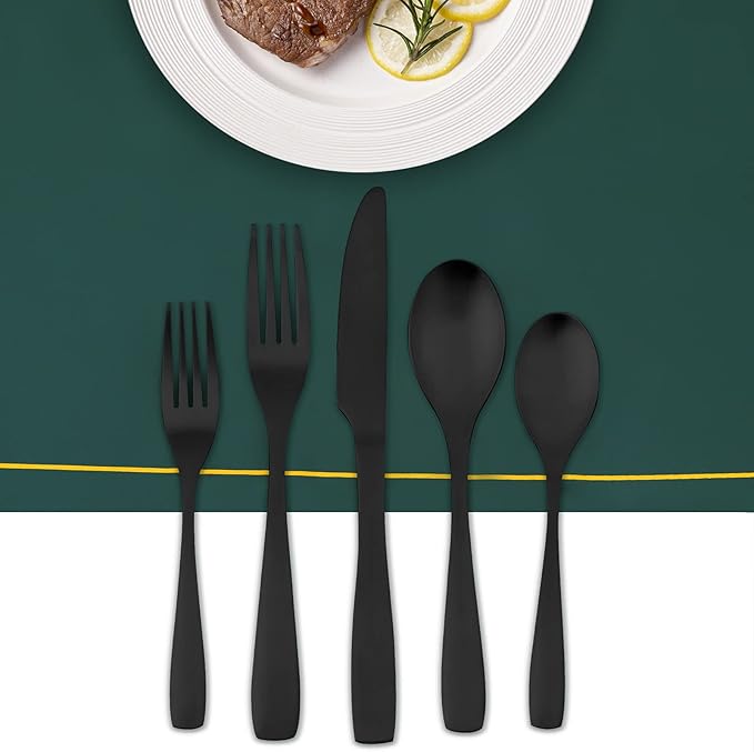 Matte Black Silverware 20 Piece, Spoon and Fork Set, Kitchen Cutlery Set for New Apartment, Stainless Steel, Dishwasher Safe