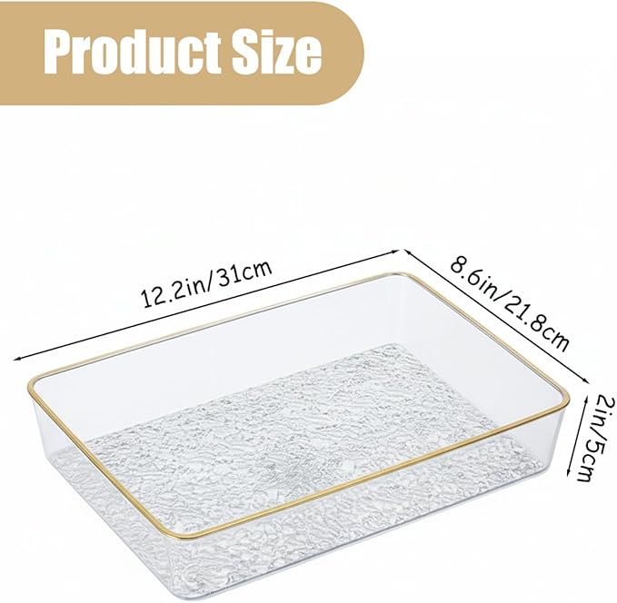 Clear Acrylic Tray, 6 Pack Acrylic Serving Trays Deep Serving Platter Decorative Tray with Gold Rim, Reusable Plastic Tray for Living Room Entryway Bedroom Kitchen Coffee Table Coutertop (Large)