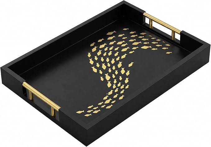 Black Serving Tray with School of Golden Fish Design Gothic Ottoman Tray, Tea and Coffee Table Tray, Jewelry Bathroom Organizer, Gift, Gloss Finish