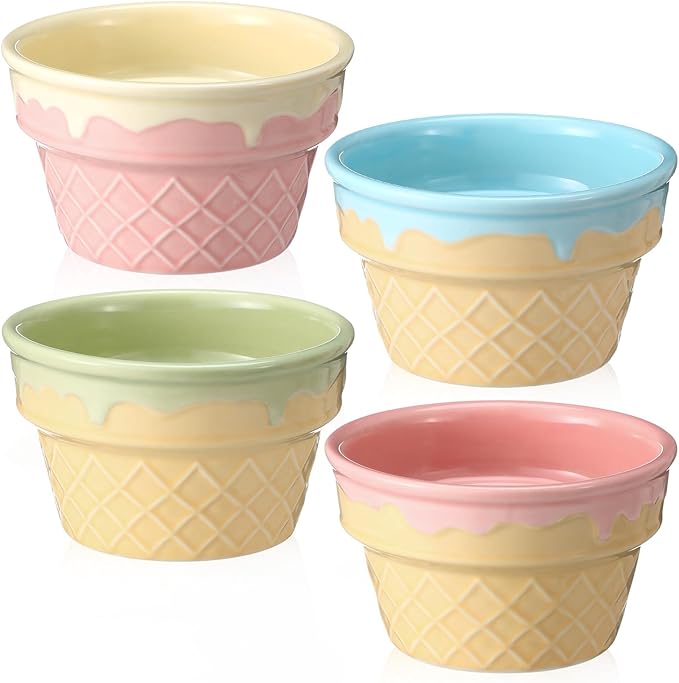 Honeydak 4 Pcs Ice Cream Ceramic Bowls 9 oz Waffle Ice Cream Cups Reusable Sundae Dessert Snack Containers for Christmas Summer Kid Adult Birthday Home Yogurt Soup Bar Party Supplies