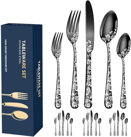 20-Piece Silverware Set, AORESAC Flatware Set for 4, Butterfly Flower Design, Mirror Polish, Forks Spoons, and Knives set for Home and Kitchen, Dishwasher Safe (Black)