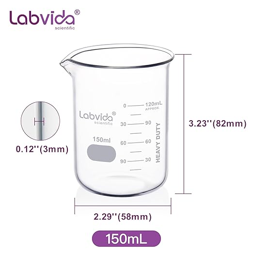 12pcs 150ml Upgrated Thick Glass Beakers, Griffin Low Form Beaker Set with Double Scale, 3.3 Boro, LVA007