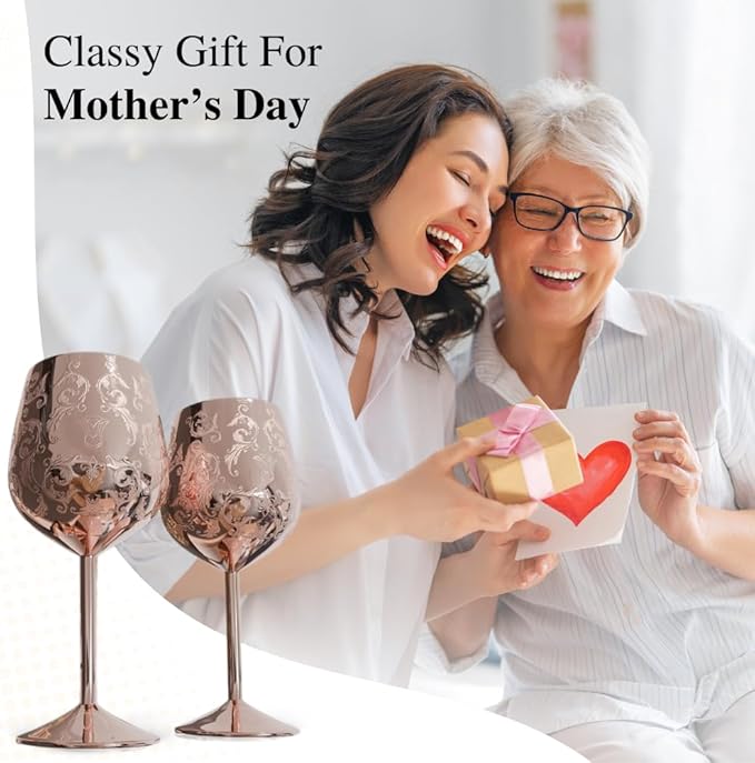 17oz Stainless Steel Wine Glasses | Gift for Mother's Day [Set of 2]–Rose Gold Royal Goblets with Intricate Baroque Engravings, Unbreakable and Shatterproof Wine Cups with Bottle Stopper