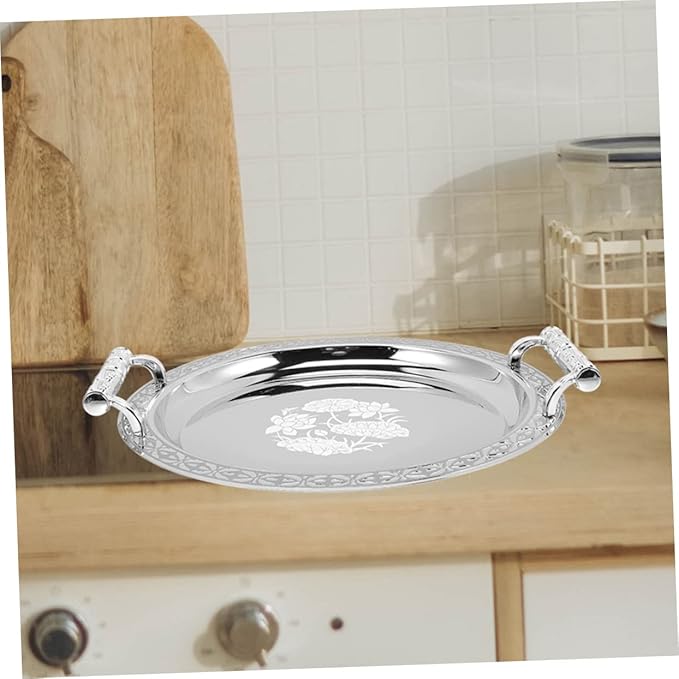 European Style Round Serving Tray Elegant Appetizer Dish for Fruits Desserts Snacks Silver Patterned Platter Multi Functional Decorative Storage Plate for Home