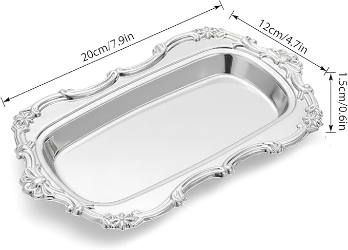 Metal Serving Tray, Silver Vintage Oval Vanity Tray for Jewelry, Perfume, Desserts & Snacks Display, Serving