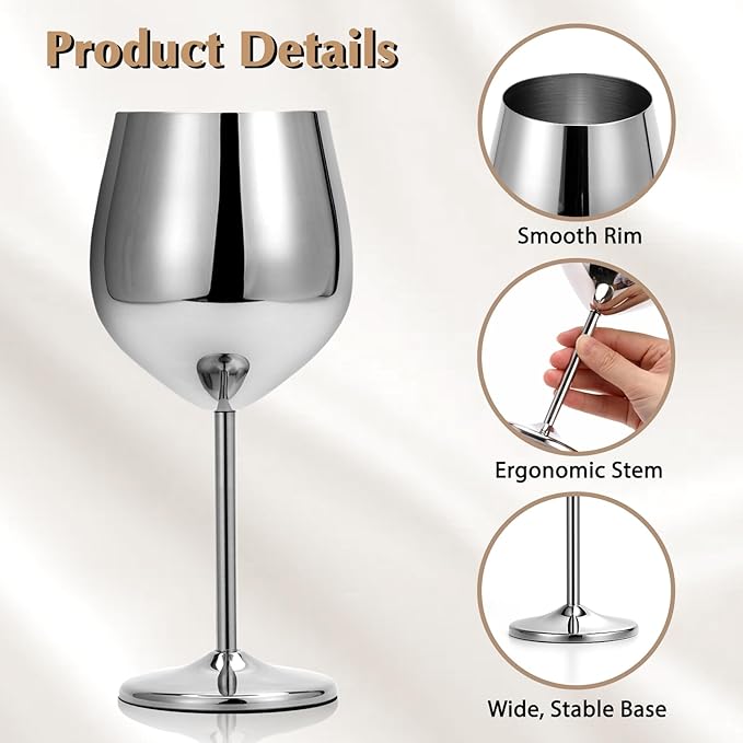 Stainless Steel Wine Glasses Set of 4, 18oz Silver Unbreakable Goblets - Outdoor Metal Cups for Travel, Camping, Pool Parties