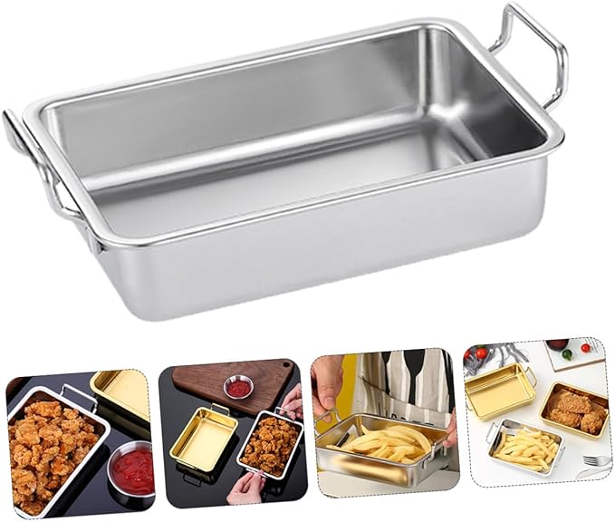 Stainless Steel Double-Handle Food Tray Rustproof BBQ Platter for Snacks Candy and Fried Chicken Serving Party Platter Easy-Clean Silver Tray