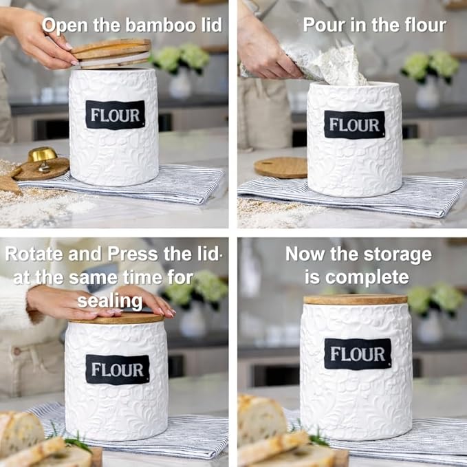 Decorative Ceramic Canister for the Kitchen Set of 2 (94oz/2779ml & 52oz/1537ml) – Airtight Flour Sugar Coffee Containers with Bamboo Lids, Large Kitchen Counter Storage Jars