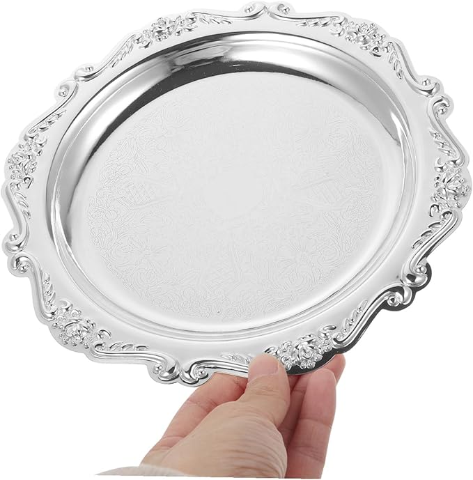 VICASKY 8 Inch Silver Metal Serving Tray - Elegant Platter for Food, Snacks, Jewelry Display & Home Decor, Vintage Style Dessert Tray with Handles (Silver, Heavy Duty)