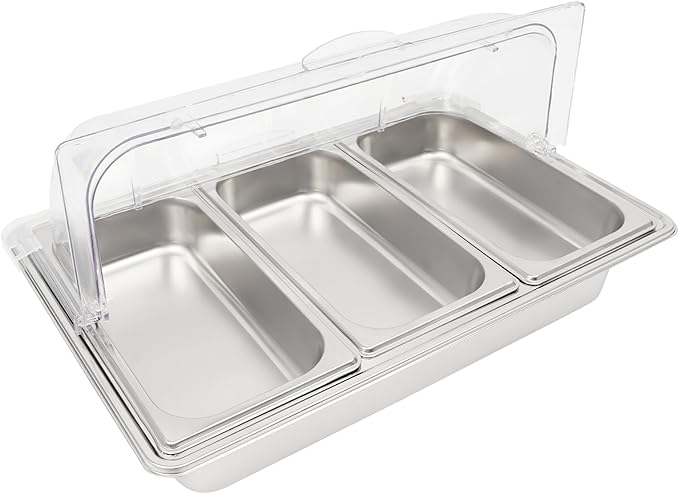 Countertop Food Serving Display Container, 3-Compartment Food Serving Tray with Clear Roll Top Cover Stainless Steel Buffet Condiment Dispenser Display Rack for Restaurant Hotel Kitchen Party