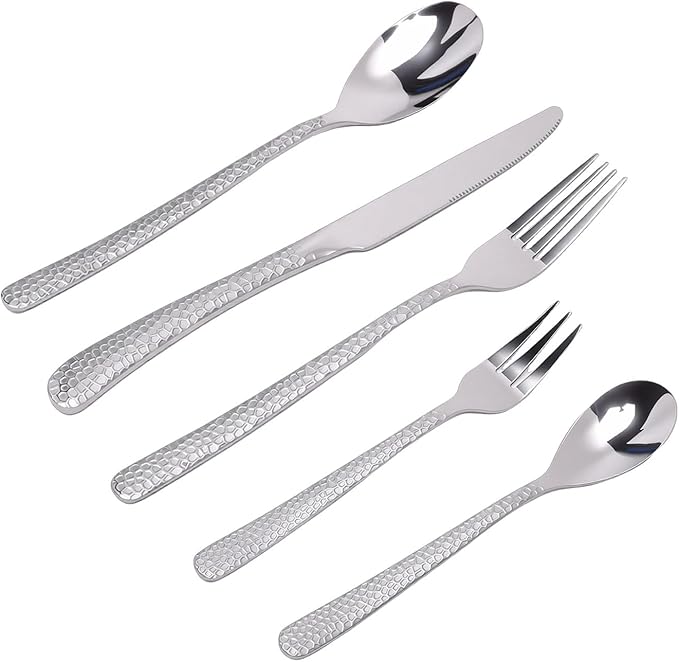 Tnfeeon Serving Sets Pattern Dishwasher Safe 16Pcs Silverware for 4 Kitchen Dining Room Formal Casual Tableware Dinnerware Utensils 18/10 Stainless Steel Flatware Set Hammered Flatware (Silver)