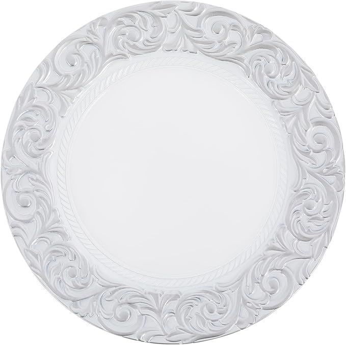 50 Pcs Antique Charger Plates Bulk Round Plastic Dinner Plate Embossed Rim Server Plate Decorative Chargers Floral Plates for Dinner Parties Wedding,13 Inch (silver-50pcs-2)