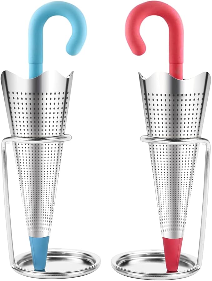 Numola 2Pcs Reusable Umbrella Tea Infuser with Drip Tray for Tea Cups, Mugs and Teapots, Stainless Steel Fine Mesh Tea Strainer with Silicone Lid for Loose Tea (Red & Blue)