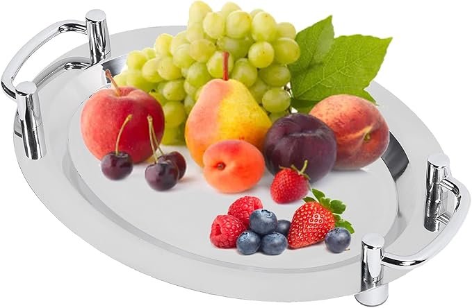 Serving Tray, Bright Mirror Finish Stainless Steel Buffet Plate, Serving Platters with Ergonomic Handle for Banquet Halls, Wedding Receptions (Egg Shape (Length 39cm/15.35in))