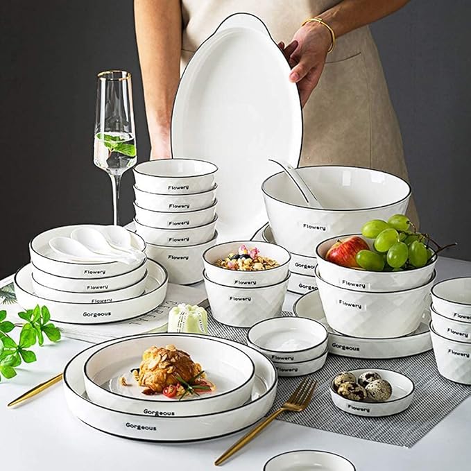 60 Pieces White Dinnerware Set Dishes - Dinner Plates and Bowls Sets Service for 12, Luxury Ceramic Dishes Set, Nordic Style Black Line Diamond Pattern, for Family Friend (White 35 Pcs)