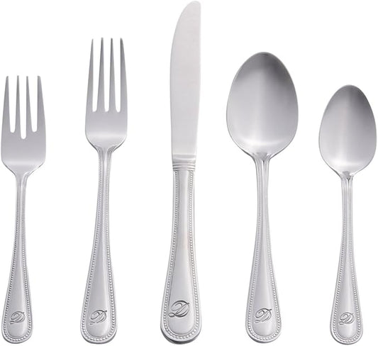 RiverRidge Monogrammed Beaded Flatware Set - D - 46-Piece Silverware with Custom Letter Stamp, 18/0 Stainless Steel Utensils Set for Daily Use & Special Occasions - Dishwasher Safe, Versatile Design