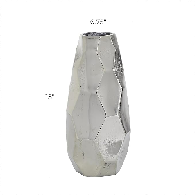 Deco 79 Aluminum Metal Decorative Vase Geometric Centerpiece Vase, Flower Vase for Home Decoration 7" x 7" x 15", Silver (Pack of 2)