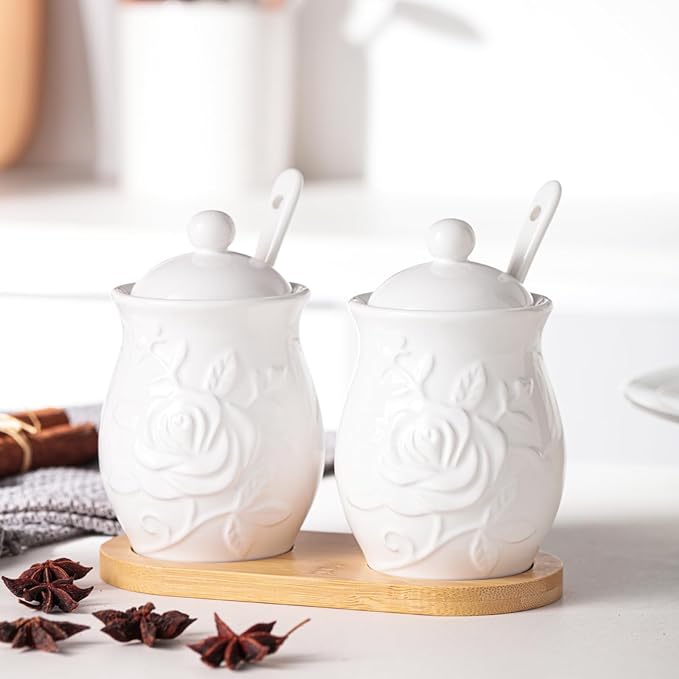Hand Drawn Relief ceramics Ceramic Sugar Bowl 2 Pack, PorcelainJar with Tray, Spoon and Lid for Sugar, Pepper, Coffee, Spice, Salt, 8 Ounces (White Relief)