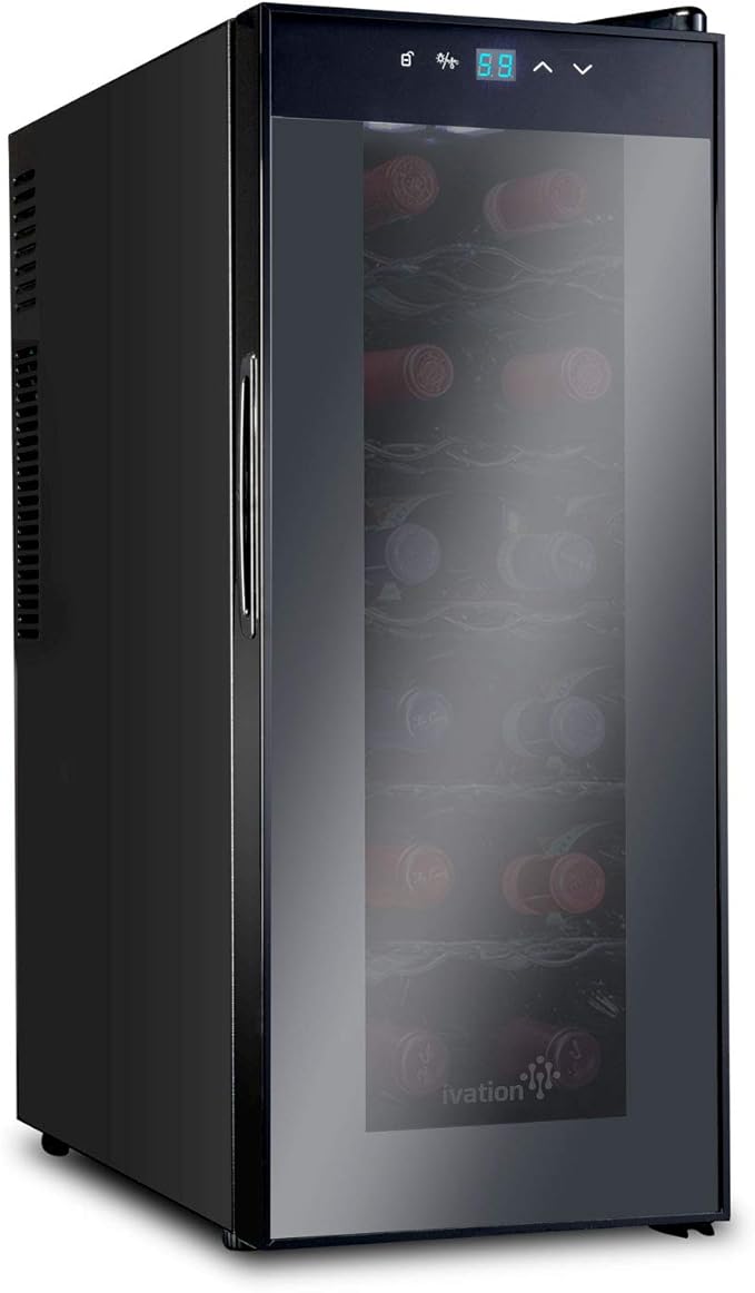 Ivation 12 Bottle Red And White Wine Thermoelectric Wine Cooler/Chiller Counter Top Wine Cellar with Digital Temperature Display, Freestanding Refrigerator Smoked Glass Door Quiet Operation Fridge