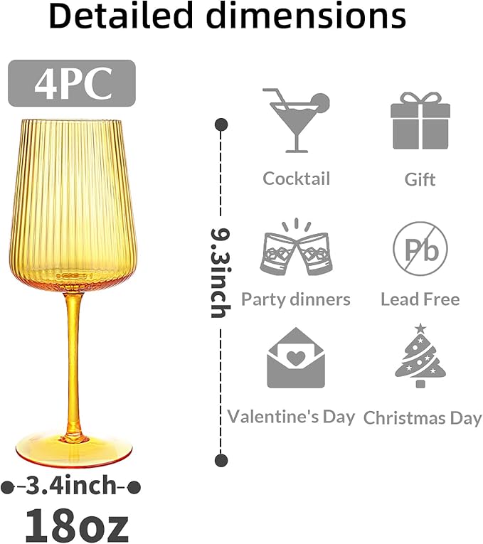 Hand Blown Ribbed Wine Glasses with stem, Lead-Free Crystal Glasses, Luxury Gift, Set of 4, Unique, 18oz Premium Wine Goblet, Large capacity, Fluted Design (Summer Colored)