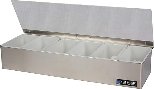 San Jamar Garnish Trays with Hinged Lid for Kitchen, Bar, And Restaurants, Stainless Steel, 18.5 X 6.5 X 4 Inches, Silver