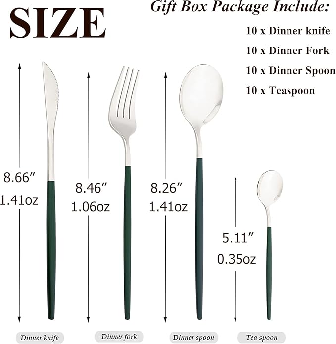 40 Pcs Silverware Set With Teaspoon For 10, Food Grade Stainless Steel Utensils Tableware Set, Elegant & Simple Flatware Serving Set Include Knife Fork Spoon, Mirror (Green Silver)