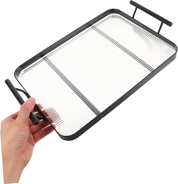 Cabilock Rectangular Serving Tray Acrylic Tea Drink Plate Handles Kitchen Table Decor Elegant Stripe Pattern Home Restaurant Use