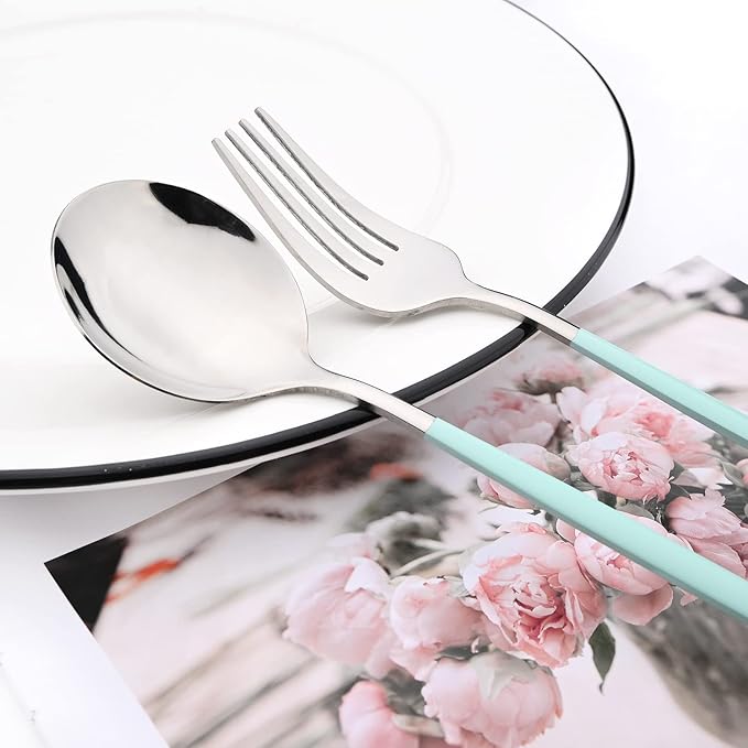 30-Piece Snplowum Mirror Flatware Serving Set, 18/0 Stainless Steel Dinnerware With Mint Green Handle, Modern Durable Home Kitchen Eating Tableware Set Service For 6 (Mint Green Silver)
