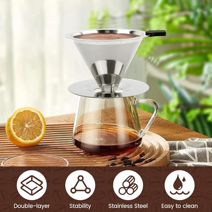 Pour Over Coffee Dripper Paperless Reusable Coffee Filter Pour Over Coffee Dripper Stainless Steel Reusable Filter Slow Drip Paperless Coffee Filter for Extraction (1-2 Cup)(COLOR:Medium)