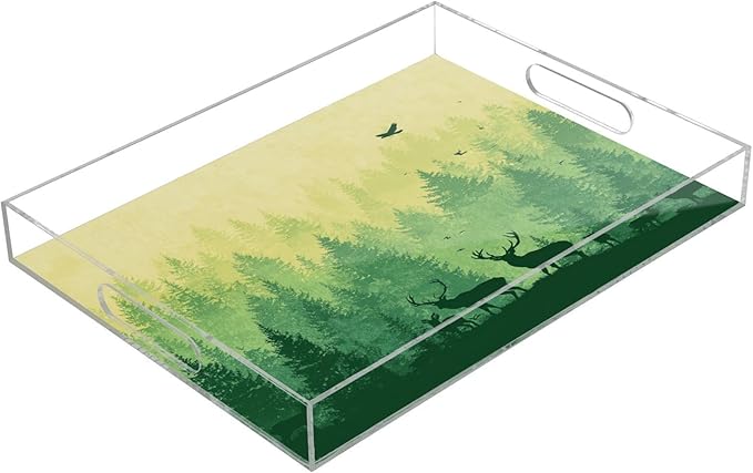 Serving Tray with Handles Clear Acrylic Tray 12x16 Inch Decorative Rectangular Tray Organizer for Ottoman Coffee Table Bathroom Gradient Yellow Green Deer Herd and Birds