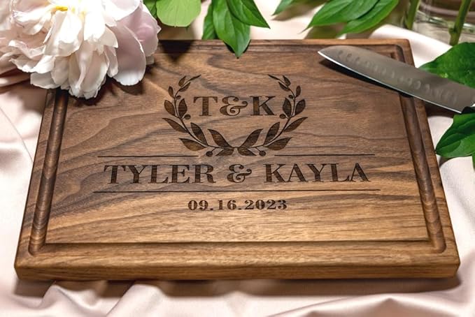 Personalized Chopping Block Custom Engraved Laurel Initial Design (#011) Wedding or Anniversary-Housewarming or Corporate Gift USA Handmade by Wedding Gift Boutique