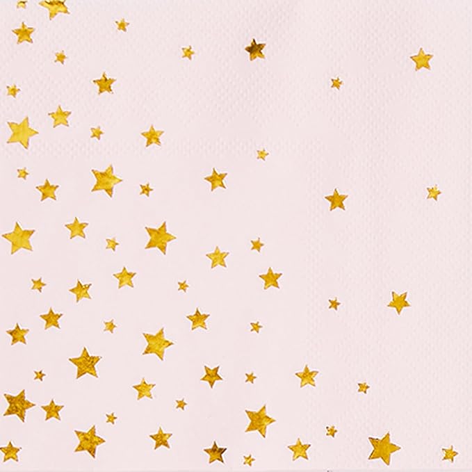 100 Pink Cocktail Napkins with Gold Foil Stars - Elegant 2- Ply Disposable Beverage Napkins for Weddings, Birthdays, Baby Showers, Bridal Parties & Events