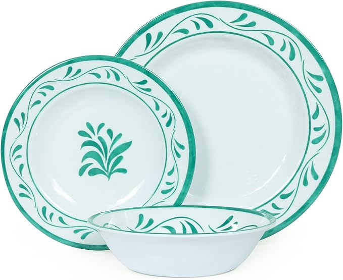 Melamine Dinnerware Sets 12 Pcs, Melamine Plates and Bowls,Party Plates and Bowls Sets, Camping Dishes Set for 4, Unbreakable, BPA Free, Dishwasher Safe （Green water drop flower）
