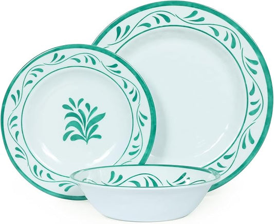 Melamine Dinnerware Sets 12 Pcs, Melamine Plates and Bowls,Party Plates and Bowls Sets, Camping Dishes Set for 4, Unbreakable, BPA Free, Dishwasher Safe （Green water drop flower）