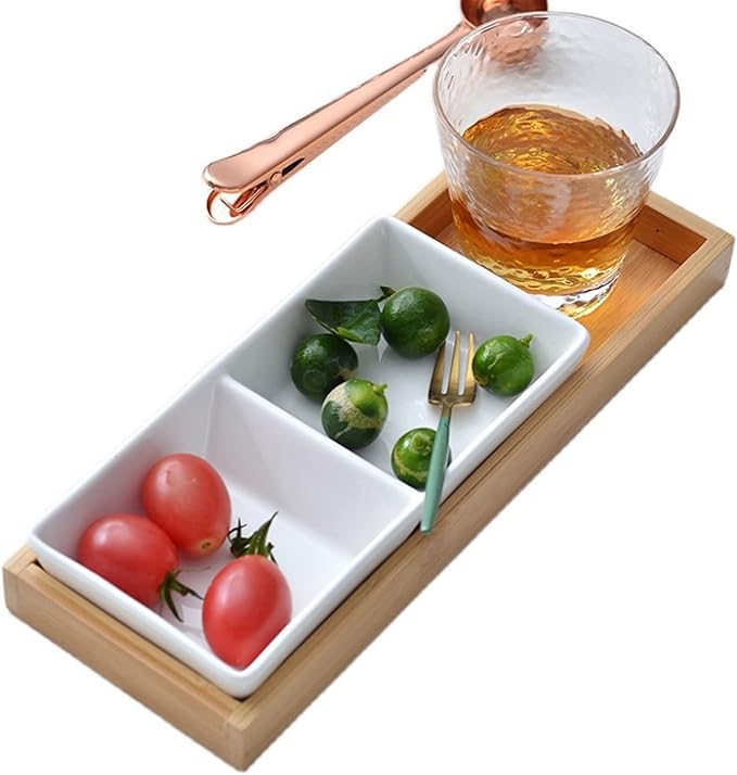 Condiment Tray White Poecelain Soy Sauce Dish 2 Compartment Appetizer Plate Tray Divided Dipping Sauce Dishes for Sushi Ketchup Appetizer Serving (9.84inch Dip Sets