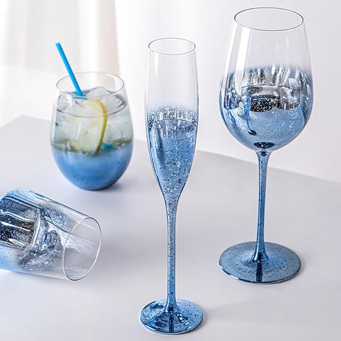 Blue Crystal Wine Glasses Set of 2 Champagne Flutes,Starry Sky Glass for Wedding and Champagne (2, Champagne Flute-Blue Starry Sky)