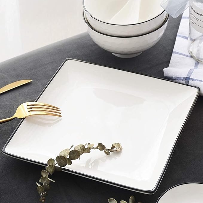 60 Pieces White Dinnerware Set Dishes - Dinner Plates and Bowls Sets Service for 12, Luxury Ceramic Dishes Set, Nordic Style Black Line Diamond Pattern, for Family Friend (White 26 Pcs)