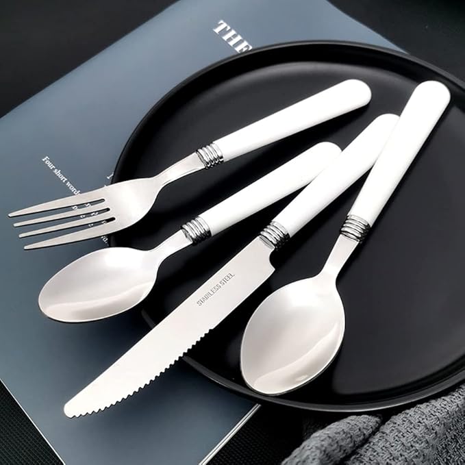White Silverware Set for 14 Durable Stainless Steel Flatware Set 56 Piece Cutlery Tableware Utensils White Handle (ABS) Set Include Teaspoons Knives Forks and Spoons for Home Kitchen Christmas
