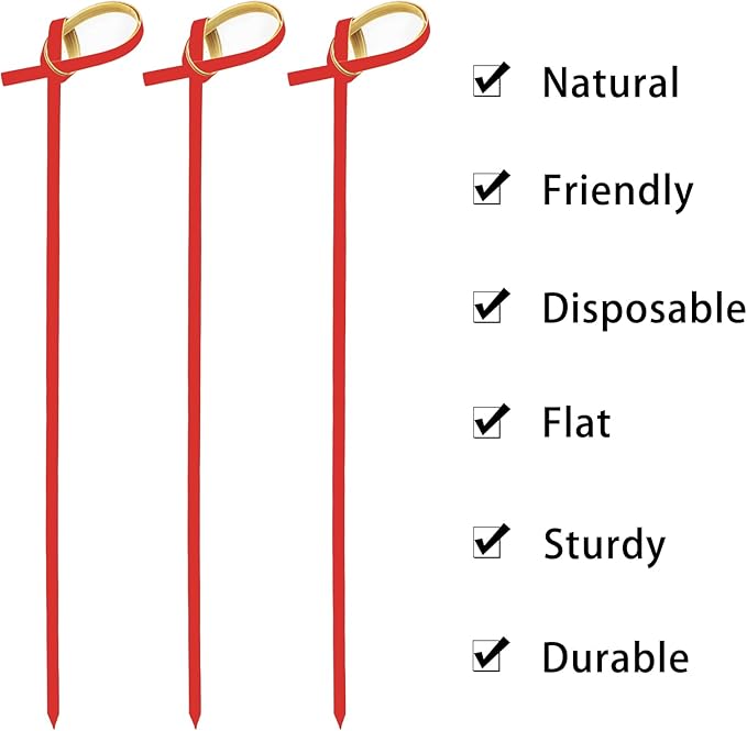 BLUE TOP Bamboo Cocktail Picks 100 PCS Red Bamboo Skewers 6 Inch with Looped Knot, Food Picks,Party Toothpicks for Appetizers,Cocktail Drinks,Barbecue Snacks,Club Sandwiches.