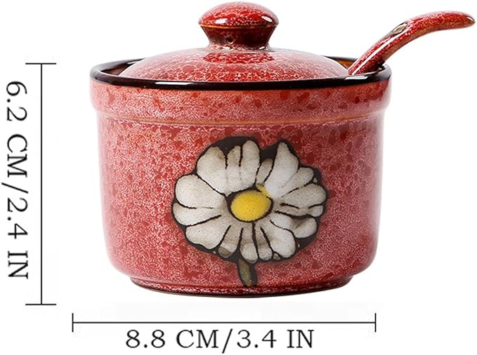 Handmade Ceramic Sugar Bowl with Lid and Spoon, 9oz Porcelain Condiment Jar with Hand-Painted Floral Design, Colorful Seasoning Container for Sugar, Salt, Spices Kitchen (Red)