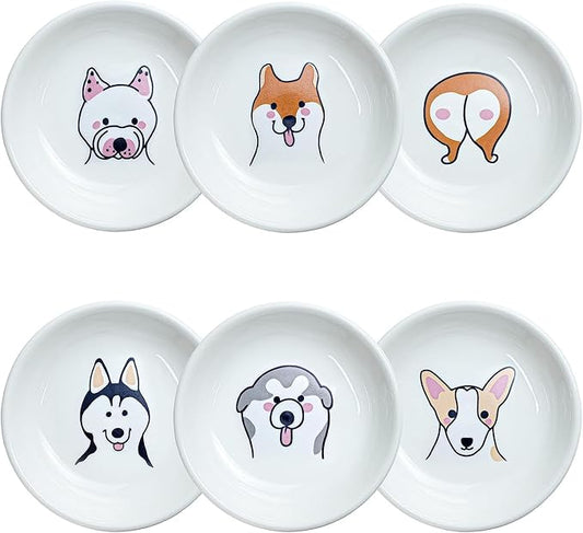 SOCOSY Super Cute Cartoon Animal Pattern Ceramic Sauce Dish/Seasoning Dish/Sushi Soy Dipping Bowl/Appetizer Plates/Serving Dish for Kitchen Home(Set of 6)-Dog Heads