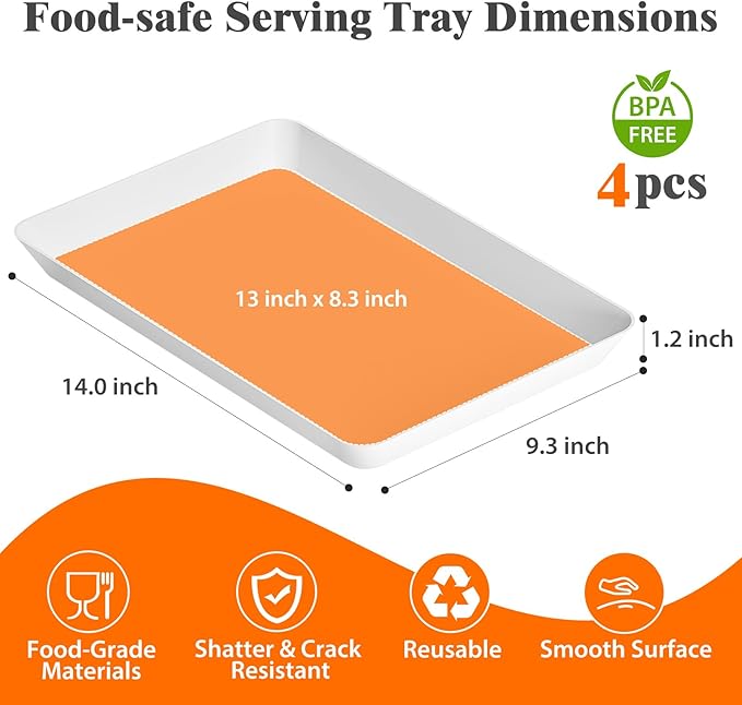 4-Pack Serving Tray Set, Reusable Plastic Serving Platter for Party Supplies, Entertaining, Grilling Accessories, Stackable Kitchen Snack Box Container for Dessert, Fruit, Cookie, (White)