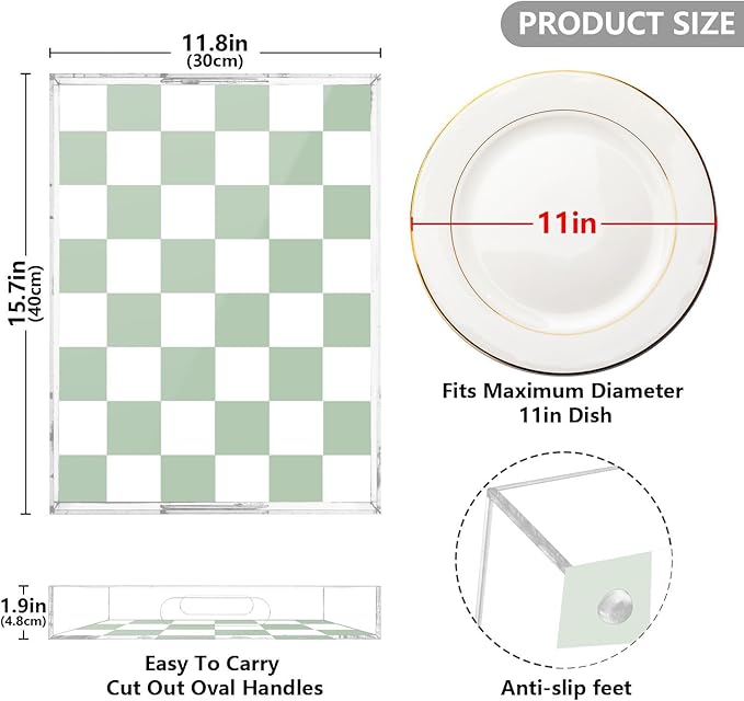 Serving Tray with Handles Clear Acrylic Tray 12x16 Inch Decorative Rectangular Tray Organizer for Ottoman Coffee Table Bathroom Checkered Green and White
