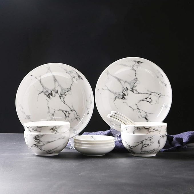 Dinner Plates Fine Dinnerware Set 14 Pieces Marble Pattern Dinner Set White Grey Ceramic Tableware,