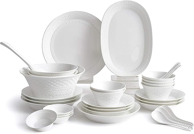 High-End Dinner Set,Ceramics Dinner Set,Pure White Relief Light Luxury 32 Pieces Bone China Dinnerware Sets | European Style Porcelain Steak Plates and Cereals Bowls for,