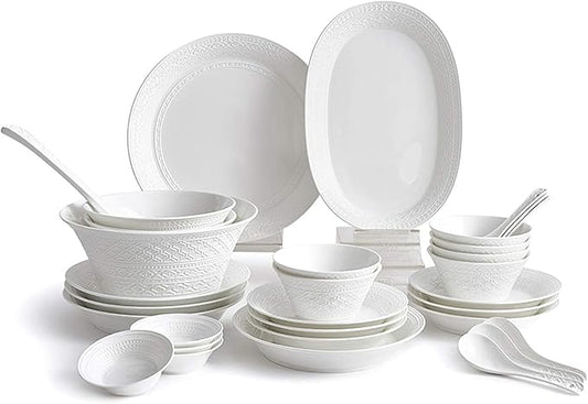 High-End Dinner Set,Ceramics Dinner Set,Pure White Relief Light Luxury 32 Pieces Bone China Dinnerware Sets | European Style Porcelain Steak Plates and Cereals Bowls for,