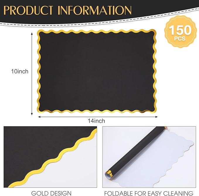 150 Pcs Disposable Paper Placemats Bulk 10"x14" Rectangle Place Mats with Scalloped Edges Dining Table Mat for Wedding Birthday Easter Party Table Decoration(Black)