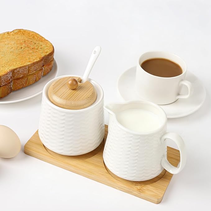 Ceramic Sugar and Creamer Set, Porcelain Coffee Serving Set with Cream Pitcher, Sugar Bowl, Lid & Spoon, 10 Ounce Creamer Container and Sugar Pot (CTNAI231)