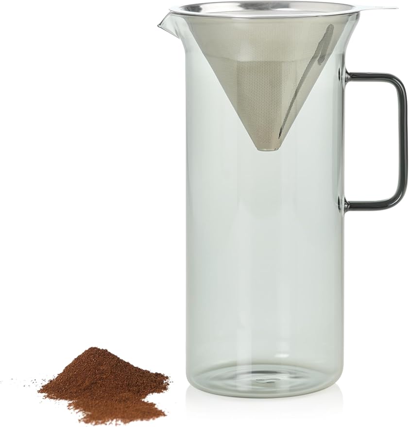 AdHoc Pour Over Coffee Maker - Manual Brewer for Ground Coffee - Reusable Stainless Steel Filter - Heat-Resistant Glass Coffee Dripper - Dishwasher Safe