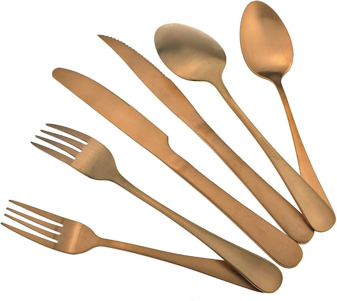 Gugrida 24-Piece Titanium Rose Gold Plated Stainless Steel Flatware Set, Travel Cutlery Include Knife Fork Spoon Service for 4,Healthy & Eco-Friendly Silverware - Matte Elegant Modern Eating Utensils